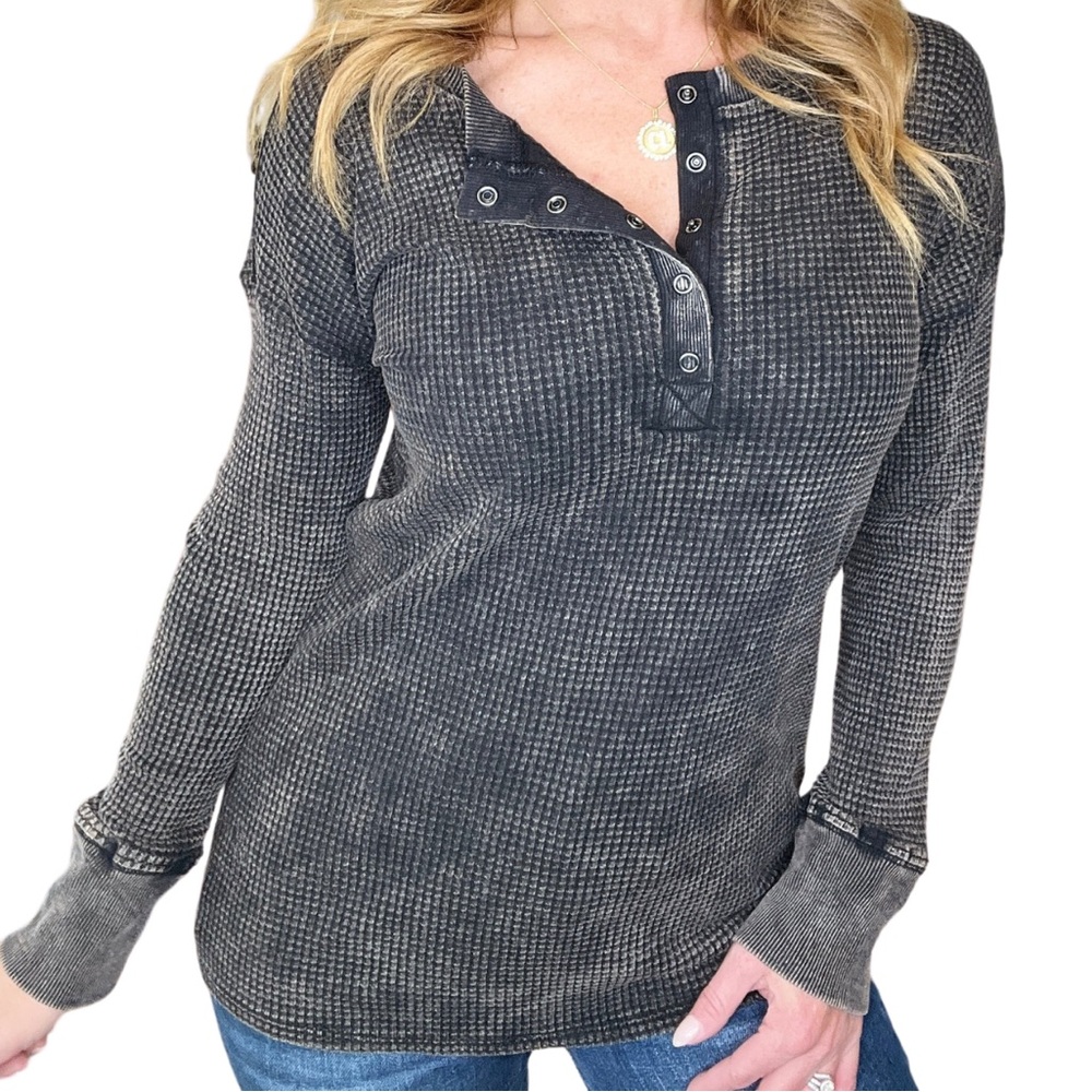 Mineral Wash Baby Waffle Henley in Ash Black by Zenana